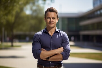 Portrait of a jovial man in his 40s donning a classy polo shirt against a modern university campus background. AI Generation