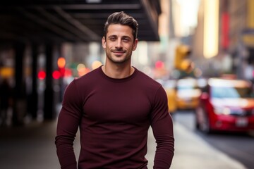 Portrait of a merry man in his 30s showing off a thermal merino wool top against a bustling city street background. AI Generation