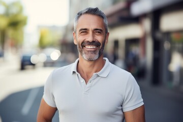 Obraz premium Portrait of a smiling man in his 40s wearing a sporty polo shirt against a bustling city street background. AI Generation