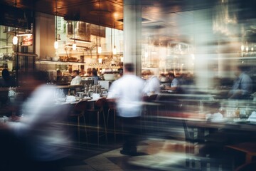 Blurred coffee shop or cafe restaurant, Blurred restaurant background with some people and chefs and waiters working