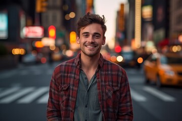 Portrait of a glad man in his 20s wearing a comfy flannel shirt against a bustling city street background. AI Generation