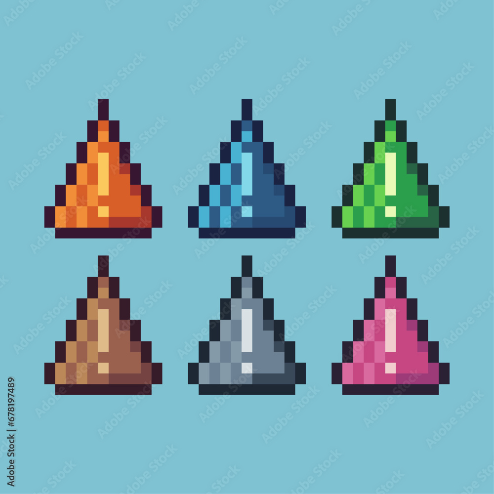 Poster pixel art sets of warning sign with variation color item asset.warning sign on pixelated style. 8bit