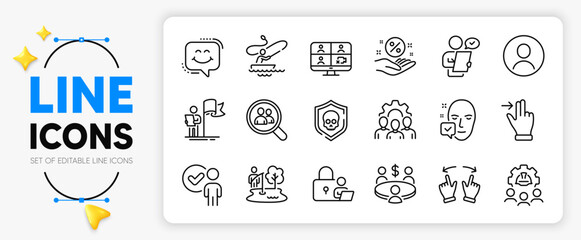 Headshot, Team work and Move gesture line icons set for app include Face accepted, Video conference, Touchscreen gesture outline thin icon. Loan percent, Smile chat, Meeting pictogram icon. Vector