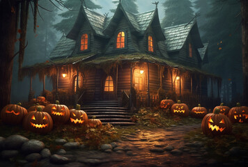 Eerie Haunted House on a Spine-Chilling Evening Adorned with Glowing Halloween Pumpkins AI generated