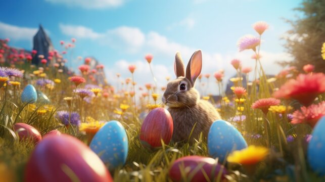 easter background, with easter bunny and colorful eggs