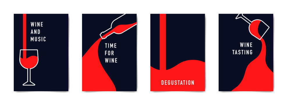 Wine tasting. Set of minimalist poster designs in red, white and blue colors. Vector illustration of a wine bottle and glasses.