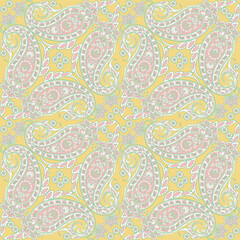 Fototapeta na wymiar Turkish Cucumber Paisley. Seamless vector pattern in traditional oriental style with flowers, leaves and fantasy elements. Fabric and wallpaper cover