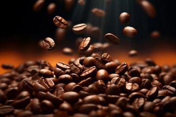 flying coffee beans close up - coffee beans background