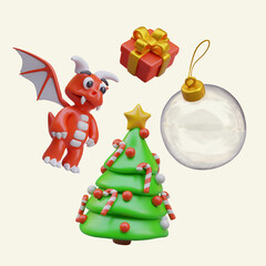 Vector set of illustrations for Year of Dragon. 3D red dragon, decorated Christmas tree, gift, giant empty transparent ball. Cute templates for web design, place in sphere for greeting, date, logo