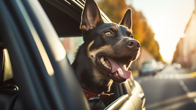 portrait of a black dog sticking head out driving car window
