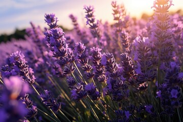 Naklejka premium Capturing Lavender Essence: Fields at Sunset Unveil their Scented Beauty - Ai Generative