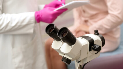 A female patient has a consultation with her gynecologist in a medical clinic. Women's health,...