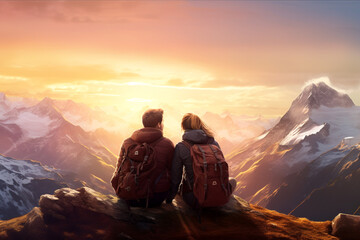 Couple sitting on a mountain looking at the sunset. Generative AI