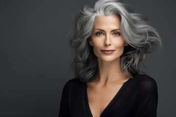 Fototapeta premium Beautiful mature woman with gray hair isolated on gray background