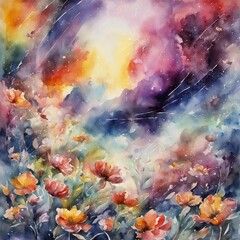 stunning romantic storm of watercolor with flowers, intense, dynamic, stylized, colorful, contemporary art, detailed, high resolution