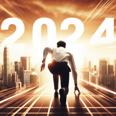 Businessman person ready to run 2024 toward the city. Business start up concept. ai generative - obrazy, fototapety, plakaty