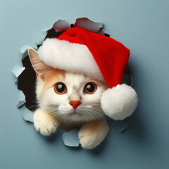 Christmas and new year concept, A cat wearing a red santa hat peeks out of a hole in the blue wall. ai generative