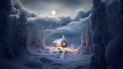 Winter night moonlight fantasy scene, Landscape with hut.