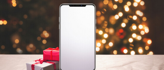 Smartphone with blank screen and gift box on table against defocused christmas lights.