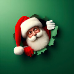 Christmas concept, Santa Claus wearing a red santa hat peeks out of a hole in the green wall. ai generative