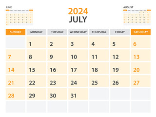 Calendar 2024 template- July 2024 year, monthly planner, Desk Calendar 2024 template, Wall calendar design, Week Start On Sunday, Stationery, printing, office organizer vector, orange background