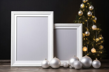Fototapeta na wymiar Mock up blank frame with Christmas tree and decoration.