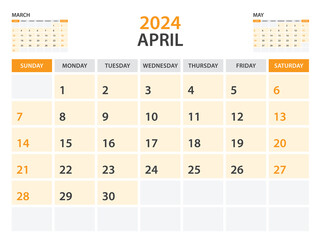 Calendar 2024 template- April 2024 year, monthly planner, Desk Calendar 2024 template, Wall calendar design, Week Start On Sunday, Stationery, printing, office organizer vector, orange background