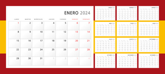 Calendar 2024 in Spanish. Wall quarterly calendar for 2024 in a classic minimalist style. Week starts on Monday. Set of 12 months. Corporate Planner Template. A4 format horizontal. Vector graphics