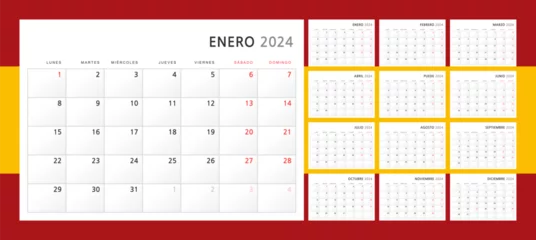 Foto op Canvas Calendar 2024 in Spanish. Wall quarterly calendar for 2024 in a classic minimalist style. Week starts on Monday. Set of 12 months. Corporate Planner Template. A4 format horizontal. Vector graphics © Ayvengo