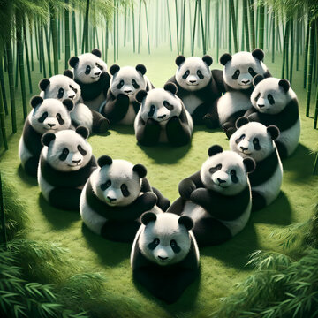 A photo-realistic image of pandas sitting together to form a heart shape