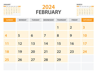 Calendar 2024 template- February 2024 year, monthly planner, Desk Calendar 2024 template, Wall calendar design, Week Start On Sunday, Stationery, printing, office organizer vector, orange background