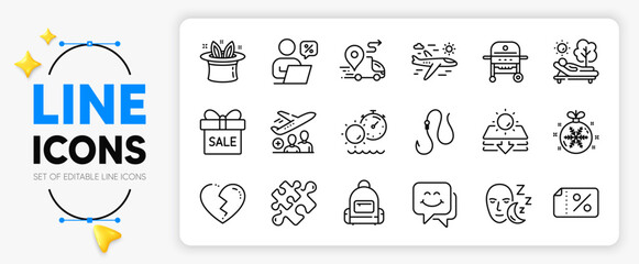 Passenger, Backpack and Delivery line icons set for app include Broken heart, Tanning time, Puzzle outline thin icon. Christmas ball, Discount banner, Airplane travel pictogram icon. Vector