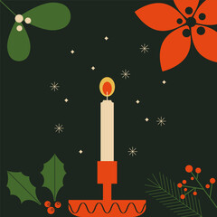 Christmas greeting card with vintage candle and winter flowers. Advent season. House interior decor, light. Traditional Christmas elements. Vector illustration. Flat trendy abstract style.