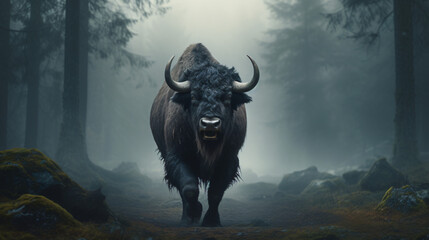 A bison with large horns