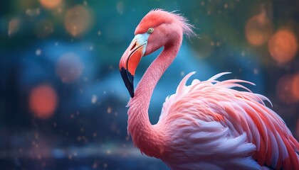beautiful portrait of a flamingo bird with a blurred background - obrazy, fototapety, plakaty