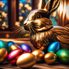 Gold wrapped Easter bunny with whispers afront shining eggs