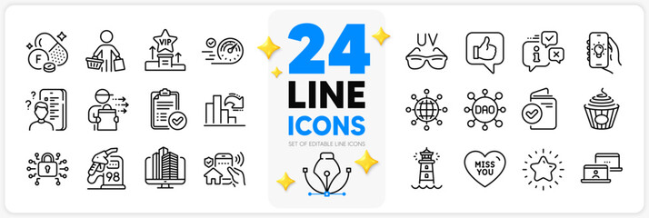 Icons set of Miss you, Info and Petrol station line icons pack for app with House security, Verification document, Sunglasses thin outline icon. Pasta, Dao, Enterprise pictogram. Vector