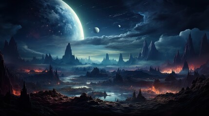 Astronomical scenery of an abandoned planet with cosmic backdrop and mountains. AI generate