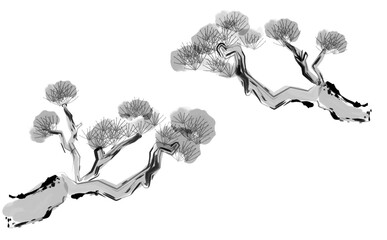 水墨画・浮世絵風の松の木のイラスト素材セット（白黒） - obrazy, fototapety, plakaty