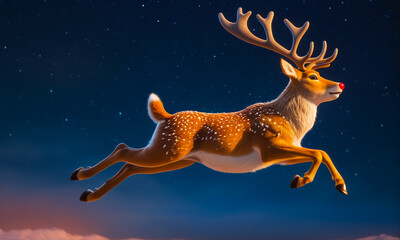 A majestic deer with a red nose flying in the dawning sky, Generative Ai
