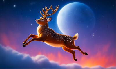 Obraz na płótnie Canvas Deer with magnificent antlers flying in the sky with a large full moon in the background, Generative Ai