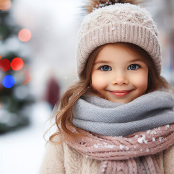Cute little baby girl smiling wearing woolen cap and scarf and winter clothes with snow day in winter. ai generative