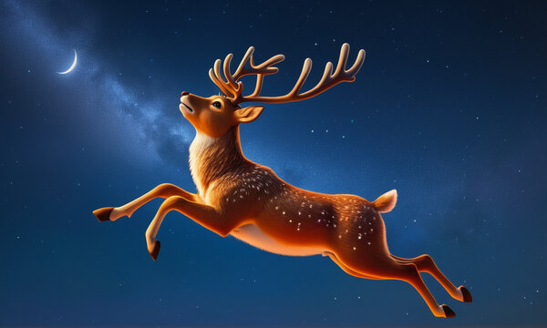 In the night sky with a crescent moon, a deer with beautiful antlers jumps high, Generative Ai