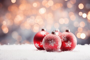 Christmas red balls on snow on festive background - christmas decorations and background
