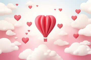 Skyward celebration with 3D illustration of heart-shaped balloons in a minimalist paper cut style. Perfect for conveying a love story, creative concept adds a touch of contemporary art to your design.
