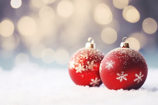 Christmas red balls on snow on festive background - christmas decorations and background