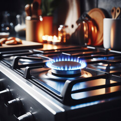 Detail view on gas cooker with blue flame on while cooking in the kitchen interior. ai generative - obrazy, fototapety, plakaty