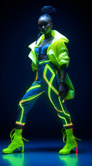 Fototapeta na wymiar African woman in neon costume and neon shoes, in the style of futuristic pop, luminous color palette