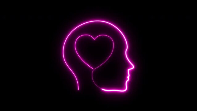 Human head with neon heart outline in the middle. Able use graphic isolated transparent background.
