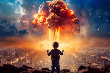 Fotobehang A small child against the background of an explosion and fire. Raised his hands in an attempt to stop the war. A child looks at the fire and destruction of his city. The boy wants to stop the war. © Anoo